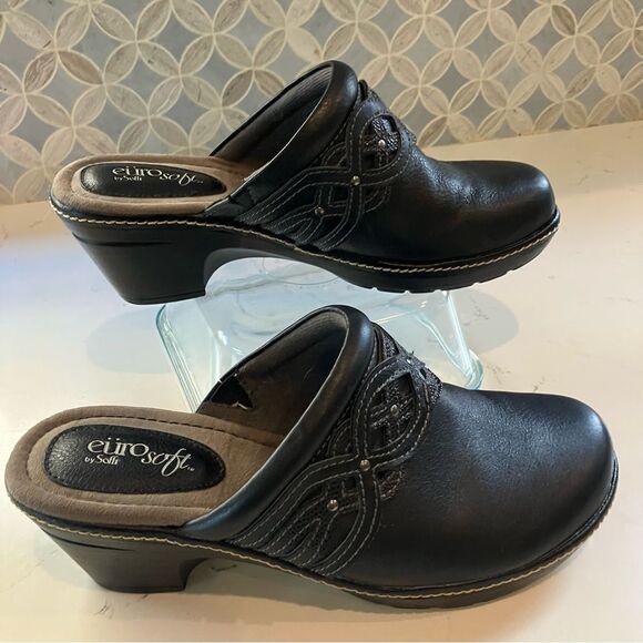 Euro Soft by Sofft Mule Heels Leather Slip On Shoes Black Clogs Womens Size 8 - Picture 2 of 13